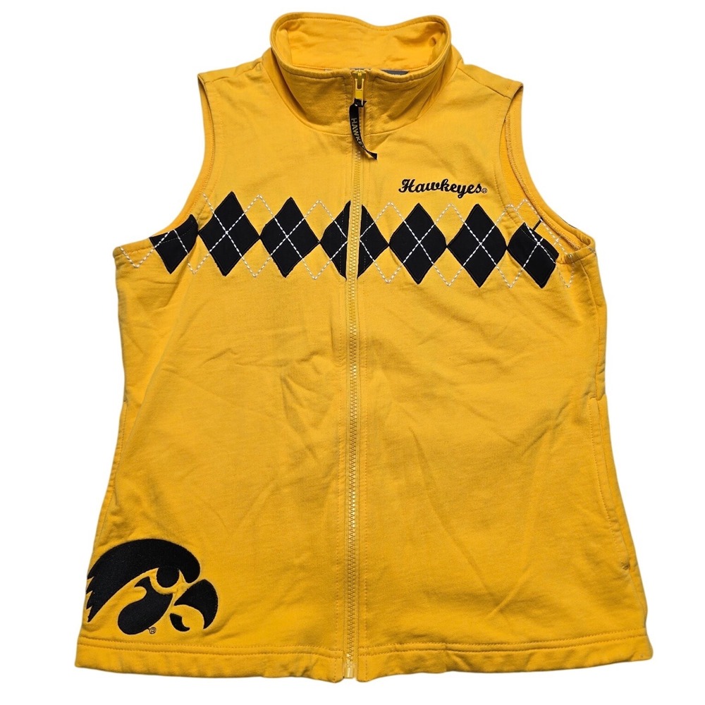 The License House Iowa Hawkeyes Argyle Full Zip Vest Yellow Gameday Womens S